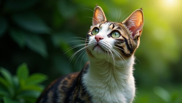 A curious tabby cat gazing upwards, surrounded by lush greenery and soft sunlight.