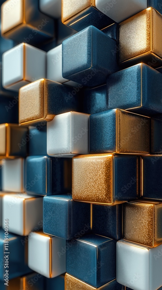 Poster Abstract 3D cube pattern in shiny gold blue, white colors. Modern geometric design with glossy texture. Elegant illustration for luxury background tech design. Futuristic structure. Impressive