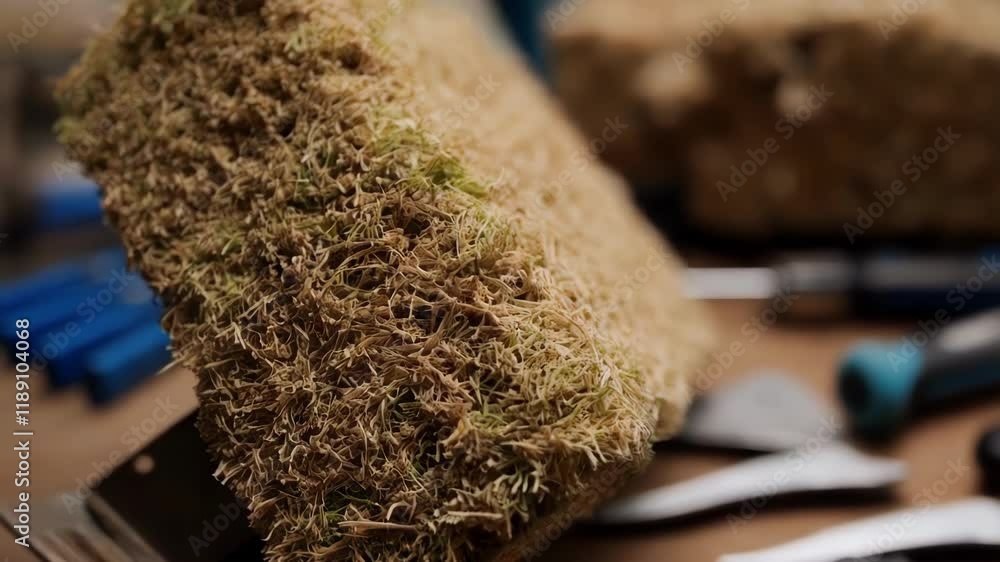 Poster closeup revealing biocomposite material sample with grass like texture, resting on workbench surroun