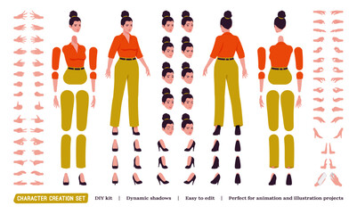 Beautiful modern businesswoman, brunette DIY character creation set. Attractive female model body figure parts. Head, leg, hand gestures, different emotions, construction kit. Vector illustration © andrew_rybalko