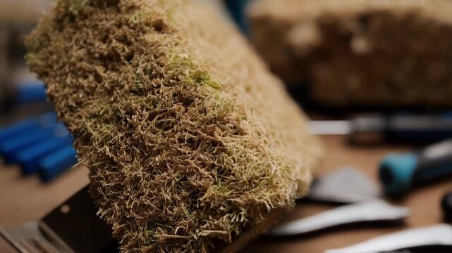 Closeup revealing biocomposite material sample with grass like texture, resting on workbench surrounded by tools, demonstrating potential for sustainable construction innovation