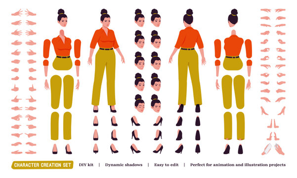 Beautiful modern businesswoman, brunette DIY character creation set. Attractive female model body figure parts. Head, leg, hand gestures, different emotions, construction kit. Vector illustration
