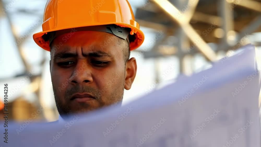 Poster Construction manager wearing bright orange safety helmet critically reviewing architectural blueprints with deeply concerned expression while standing at industrial building development site