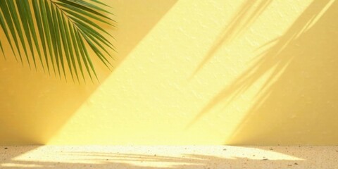 Tropical Palm Leaf Shadow on Yellow Wall with Sandy Floor