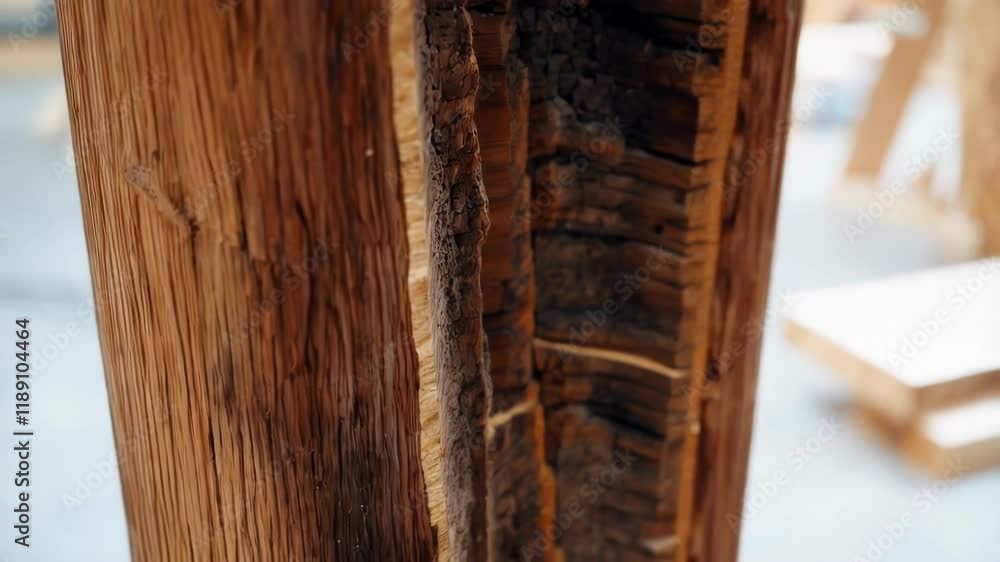 Poster Medium closeup of a cross section of a large timber column revealing the multilayered construction, showcasing the intricate details and craftsmanship of the wooden structure