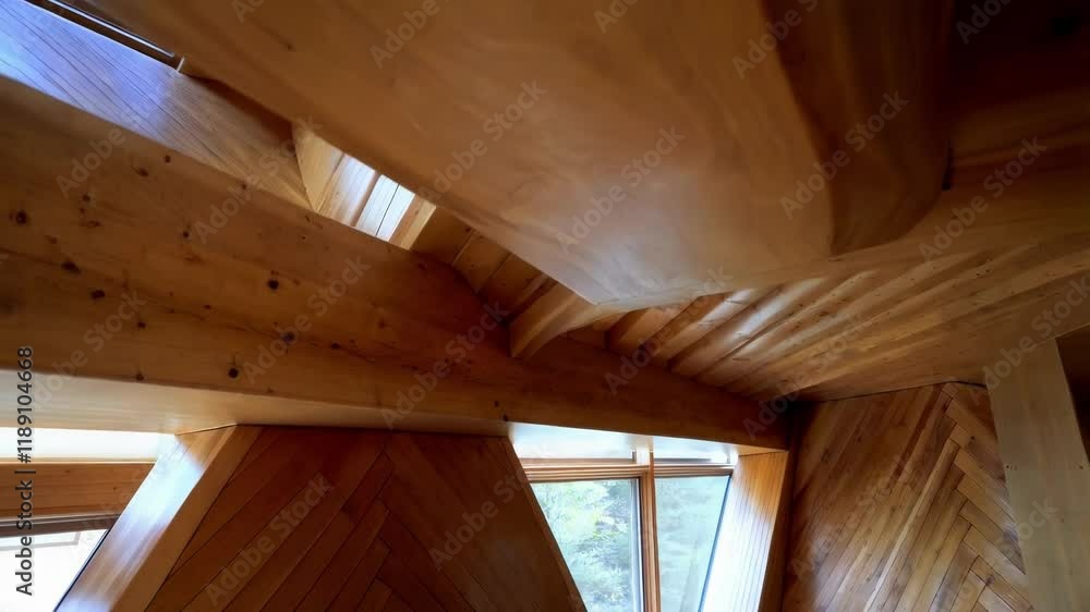 Aufkleber light streams through a window illuminating the complex joinery of wooden beams and the herringbone 