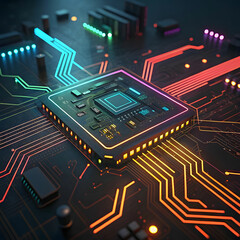 Close-Up Circuit Board with Neon Lines and Glowing Components
