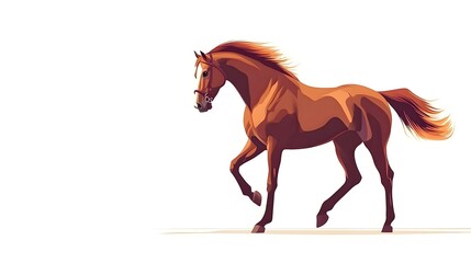 A chestnut horse gracefully runs across a white background