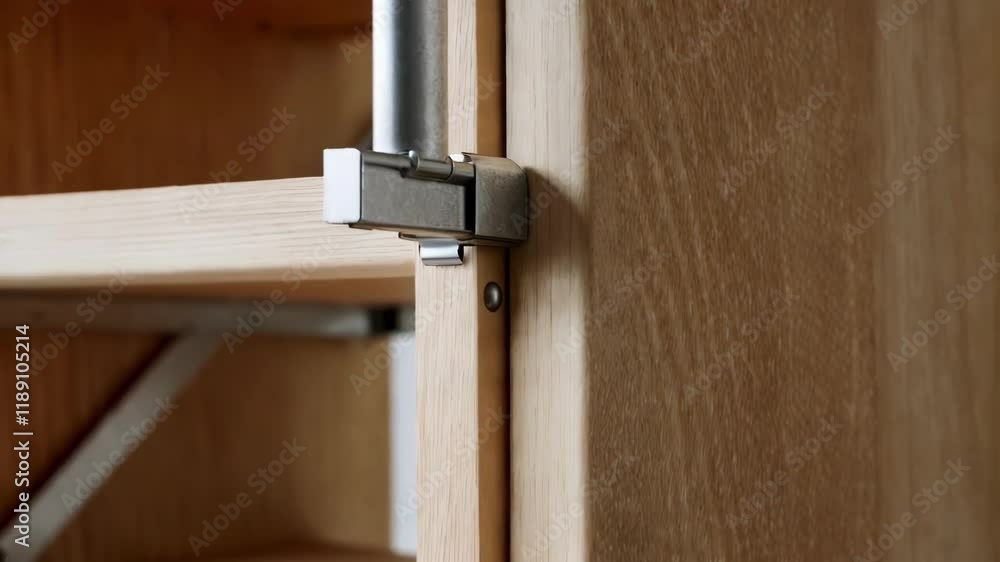 Poster wood grain revealing intricate texture alongside metal brackets highlighting structural connections 