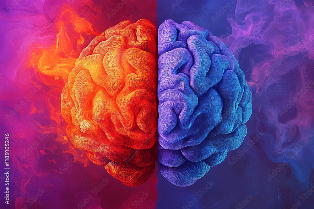 Poster abstract depiction of a colorful brain with red and blue hemispheres