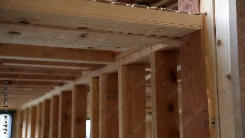 Poster wooden house frame with exposed studs and top plates during residential construction process, reveal