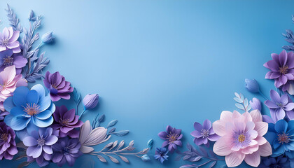 serene sky blue background with purple and blue flowers presenting elaborate and delicate flowery designs for a creative and tranquil effect
