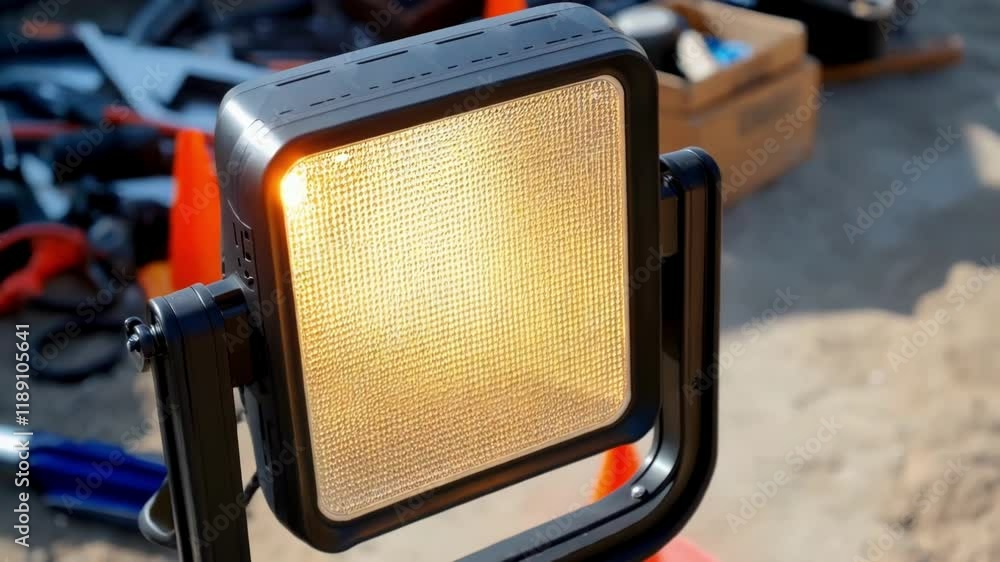 Poster closeup view of a solar powered construction light, showcasing its robust design and bright illumina