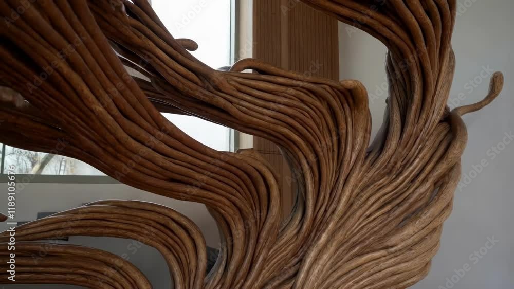 Poster Medium closeup of a unique wooden staircase, its organic flowing lines and asymmetrical form reminiscent of a climbing vine, creating a captivating architectural element in a modern building