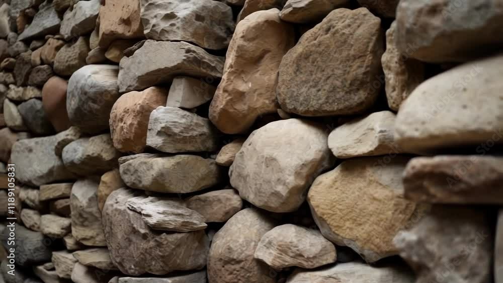 Poster medium closeup of a stone wall displaying various sized stones fitted snugly together without mortar