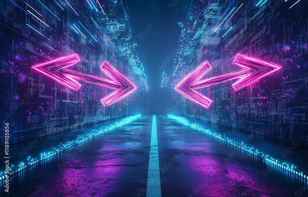 Poster abstract background with neon blue and pink arrows on dark gradient - modern vector design for techn