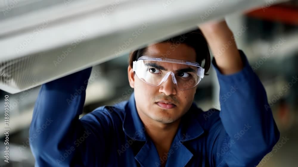 Poster young technician wearing safety goggles and a blue uniform carefully adjusts a ladder while working 