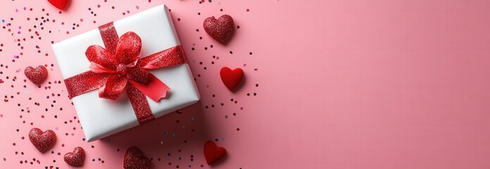 White gift box with red ribbon and hearts on a pink background for special occasions or celebrations valentine day