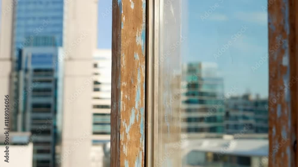 Poster sunlight reflects on a weathered, chipped paint window frame, offering a glimpse of a bustling citys
