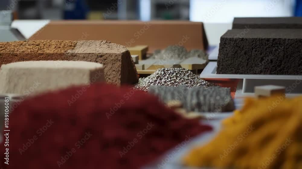 Poster various construction materials, including powders, aggregates, and a solid block, lay on a table, po
