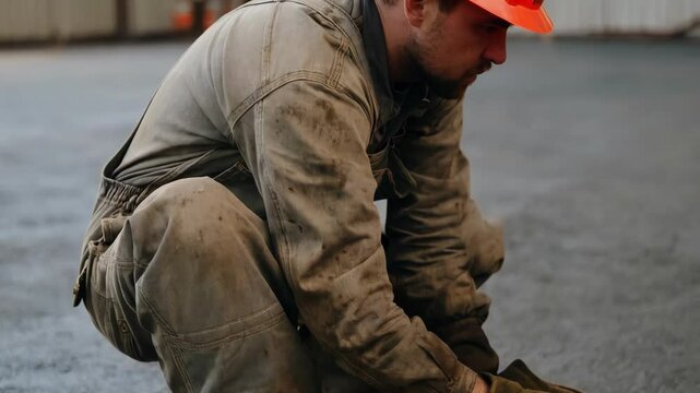 Construction worker practicing the stop, drop, and roll technique on a construction site, demonstrating important safety procedures in case of fire or other emergencies