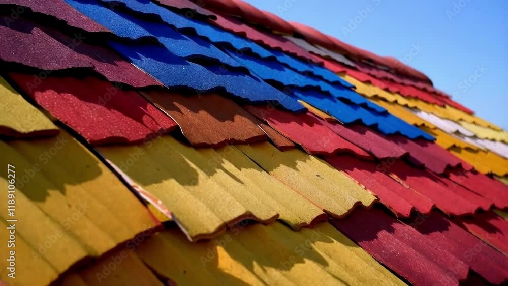 Aufkleber Sunlight illuminates rows of colorful shingles, arranged in overlapping layers on a roof, creating a visually appealing pattern against a clear blue sky