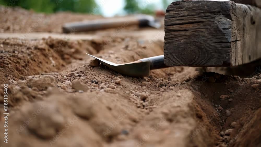 Poster supporting wooden beam positioned at construction site, showcasing hoe resting against layered groun