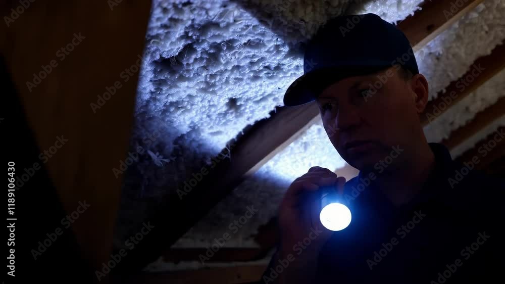 Poster Professional inspector carefully explores dark attic space, using flashlight to illuminate and assess structural integrity during building inspection