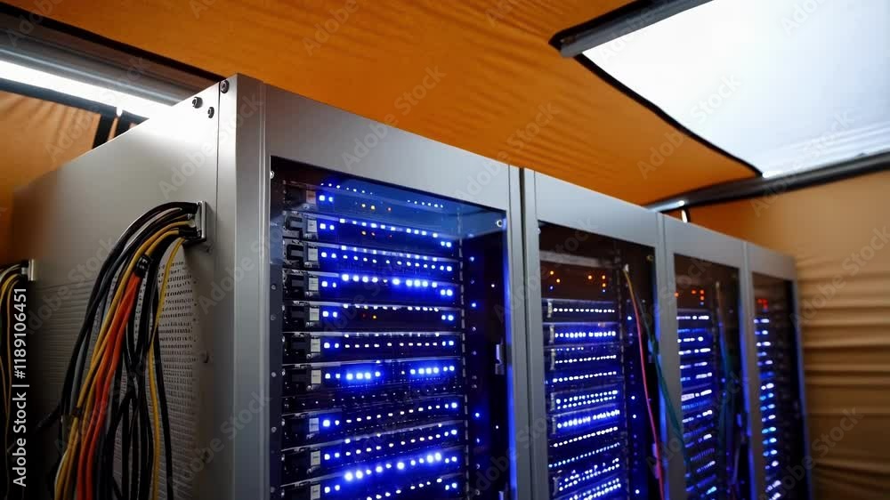 Aufkleber Multiple server racks with flashing blue lights operate inside a portable construction office, indicating ongoing data processing and network activity