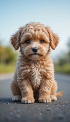 Fototapeta premium Adorable Fluffy Goldendoodle Puppy Posing Outdoors on a Sunny Day