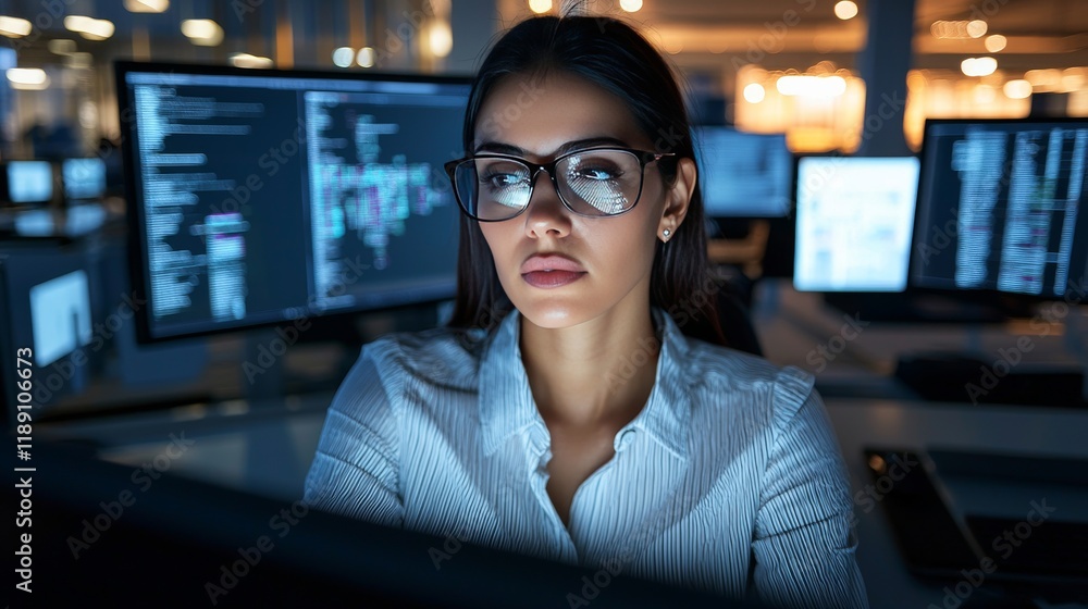 Poster focused female programmer coding at a tech hub modern office environment nighttime creative tech con