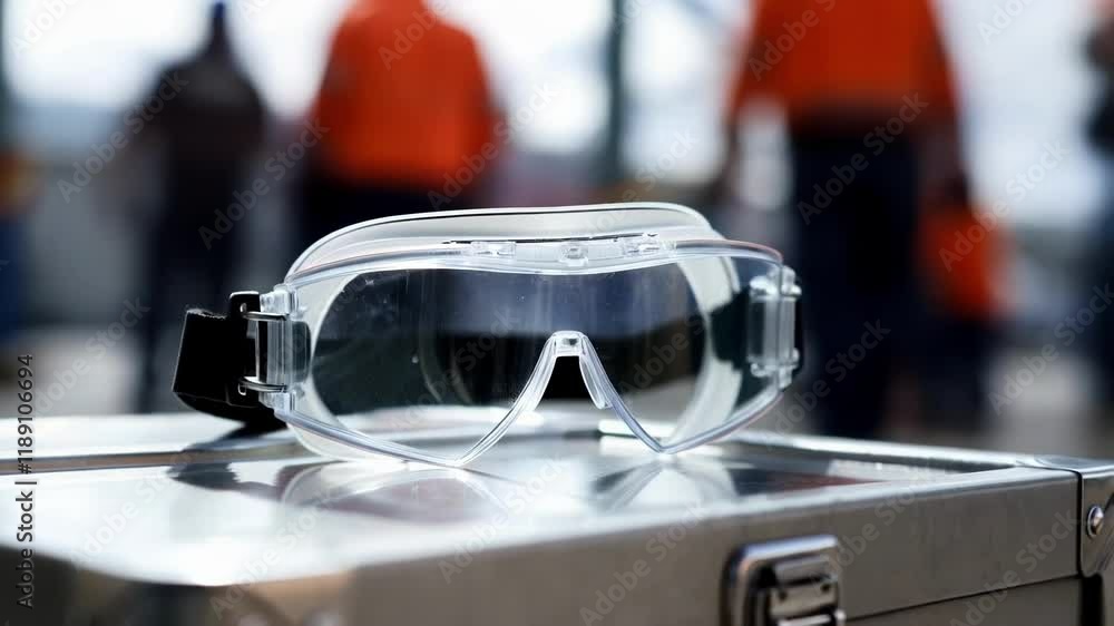 Poster transparent safety goggles sit on a metal toolbox at a construction site, with blurred figures of wo
