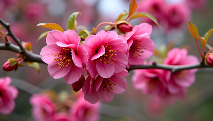 Vibrant pink cherry blossoms with green leaves on branches in a spring garden