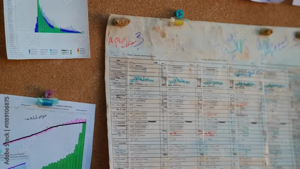 Aufkleber Weathered recording sheet and charts with daily readings and measurements are pinned to a corkboard, providing a visual representation of progress and data analysis