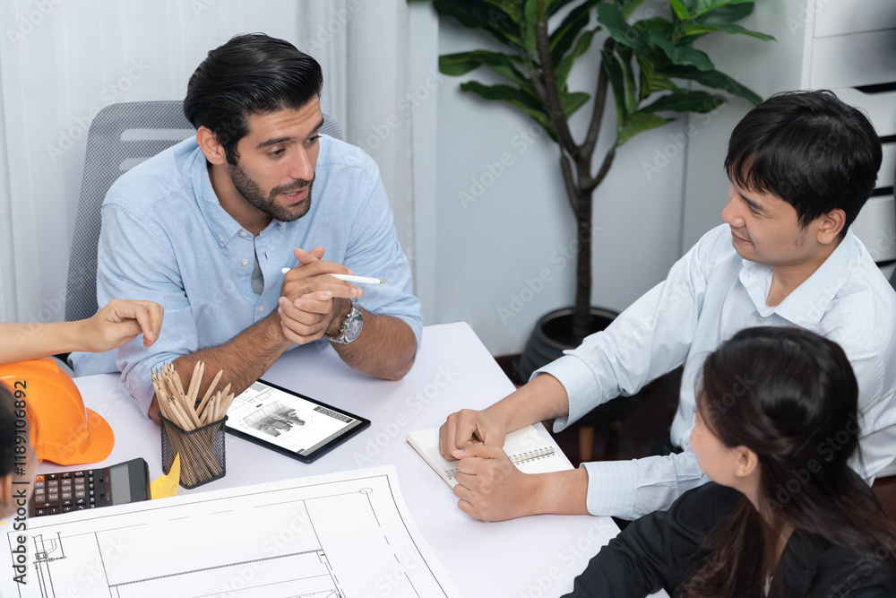 Poster diverse group of civil engineer and client working together on architectural project, reviewing cons