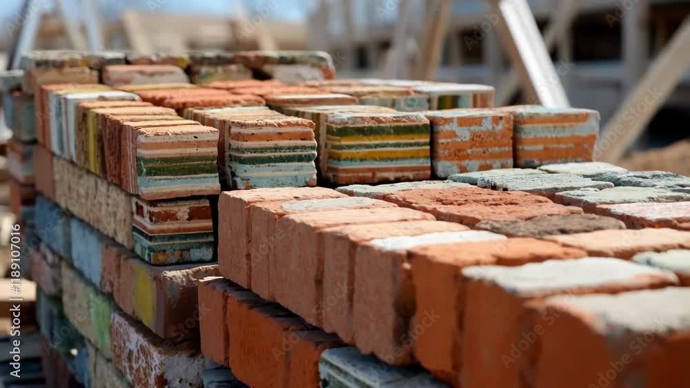 Fototapete Colorful reclaimed bricks, stacked neatly, exhibit unique patterns and colors, suggesting their reuse in a construction project, with blurred background elements hinting at an active building site