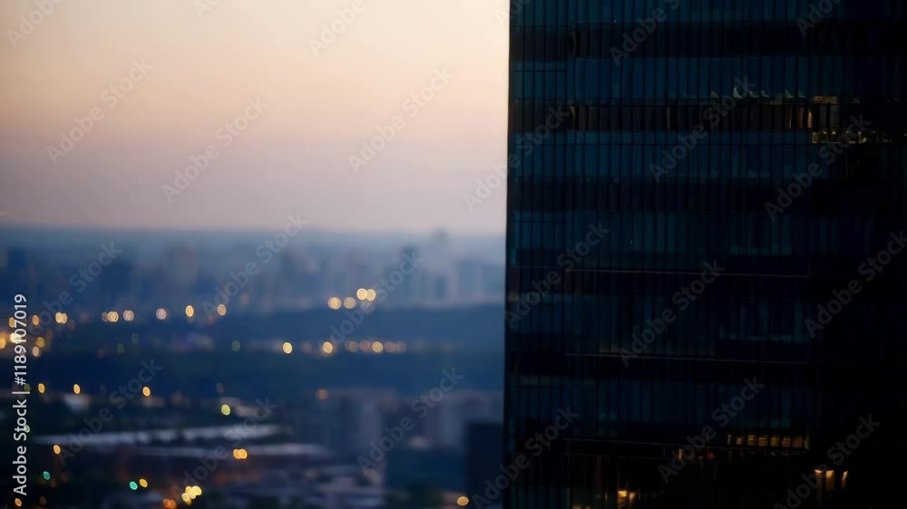 Aufkleber Dusk settles over a sprawling cityscape, its twinkling lights creating a magical backdrop for a towering skyscraper, its dark glass facade reflecting the fading light
