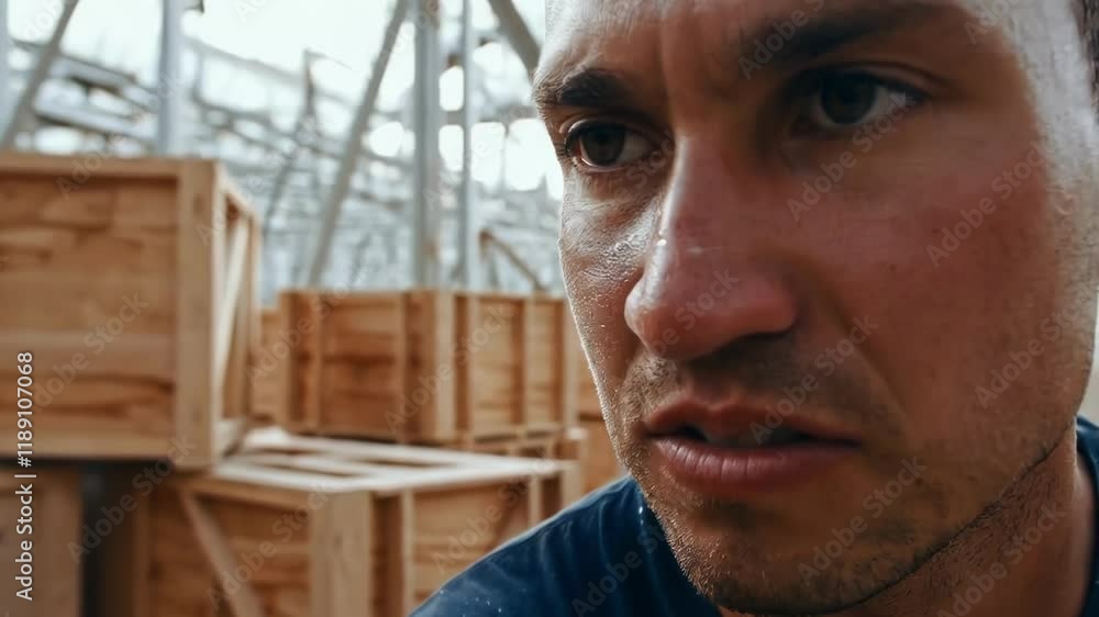 Poster medium closeup of a sweating construction worker looking determined and focused, with wooden crates 