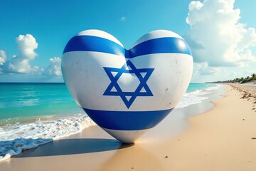 A heart-shaped object featuring the Israeli flag on a sandy beach by the ocean.