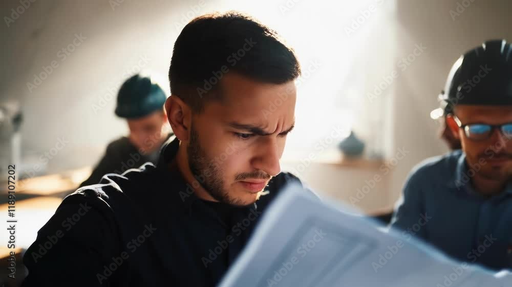 Poster focused architect scrutinizing blueprints with determination in a brightly lit construction site off