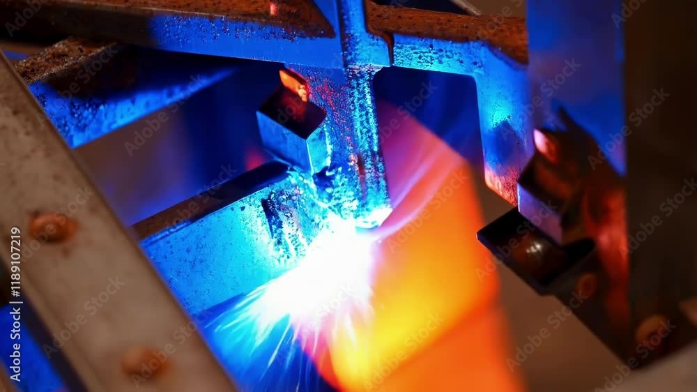 Poster Automated welding machine joining metal components, creating strong and precise bonds in a manufacturing process, showcasing the power and efficiency of modern industrial technology