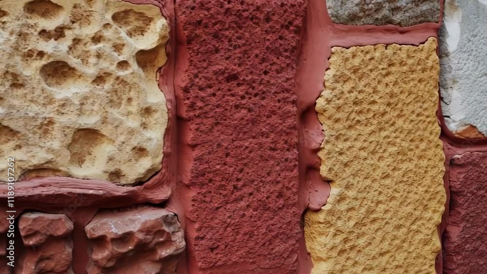 Aufkleber Decorative stone blocks in various colors and textures form a visually appealing wall, showcasing diverse construction methods and materials