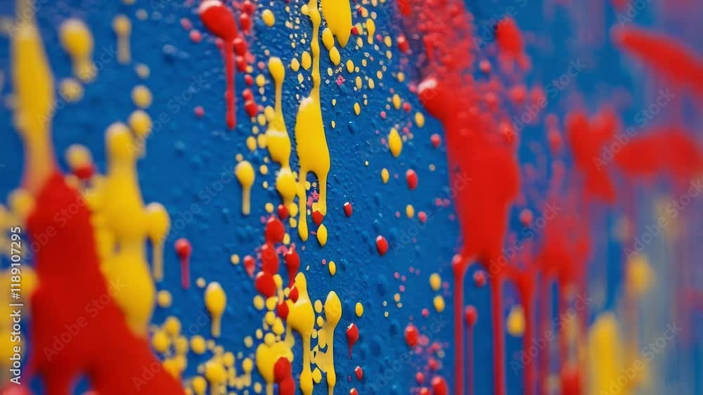 Poster vibrant paint drops flowing and splattering across blue surface, forming dynamic abstract pattern re