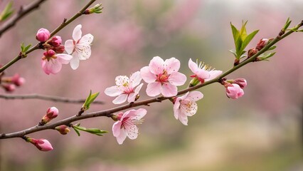 Obraz premium Closeup of spring pastel blooming flower in orchard. Macro cherry blossom tree branch. A detailed shot of cherry blossoms blooming in the orchard during spring with soft pastel colors on the petals