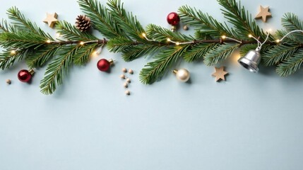 Festive Evergreen Branch with Ornaments and Lights for Holiday Designs