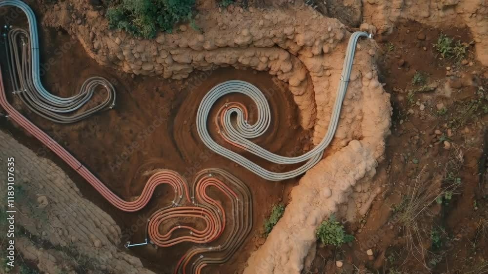 Aufkleber ground loop piping winding through deep excavated trench, showcasing intricate underground infrastru