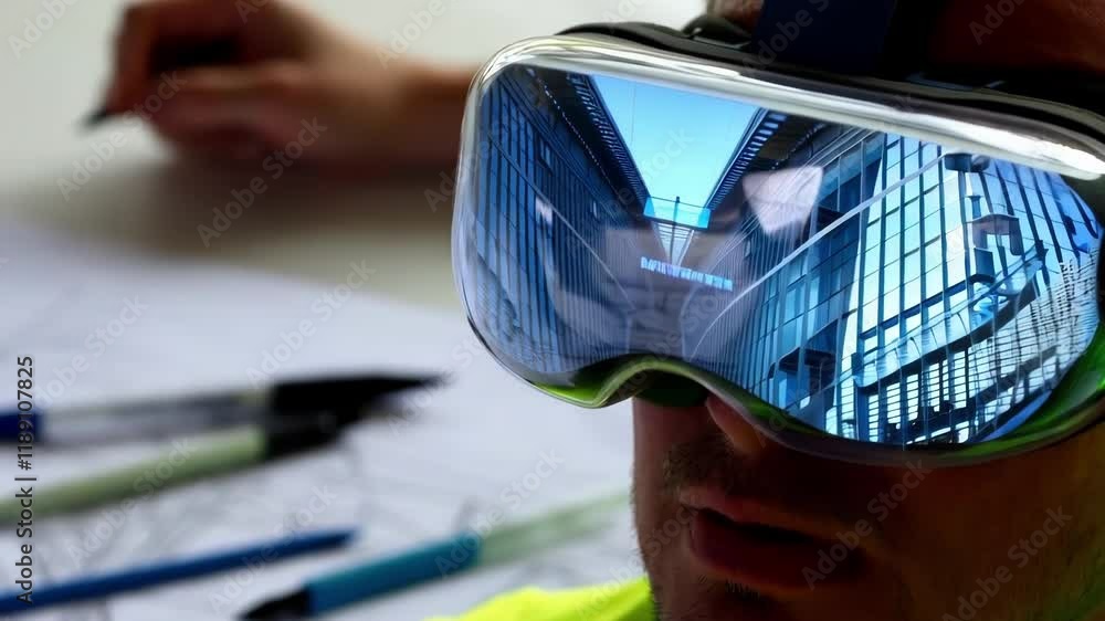 Aufkleber Construction professional wearing virtual reality headset, closely examining architectural blueprints and navigating immersive 3d building representation with advanced technological precision
