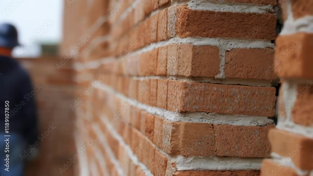 Poster Neat lines of mortar and brick are visible on a recently finished wall section, showcasing the precise work of construction workers in a building project