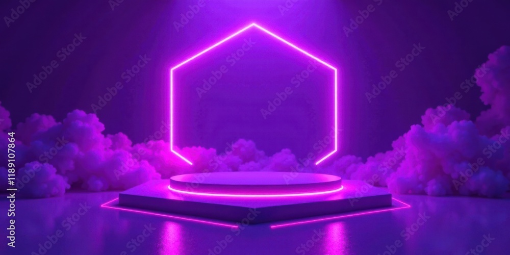 Poster hexagonal platform with purple neon lights and clouds