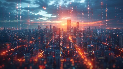 A futuristic skyline with floating platforms and energy streams connecting buildings.